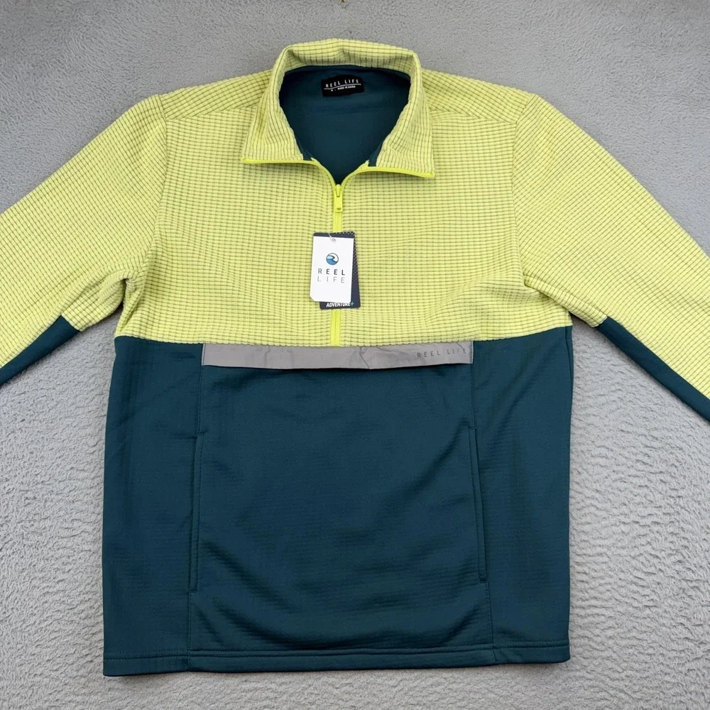 Reel Life Pullover Mens Medium Green Sunny Lime Grid Fleece‎ Quarter Zip Top